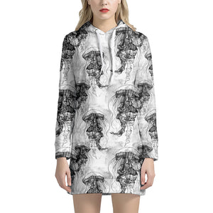 Black And White Jellyfish Pattern Print Hoodie Dress