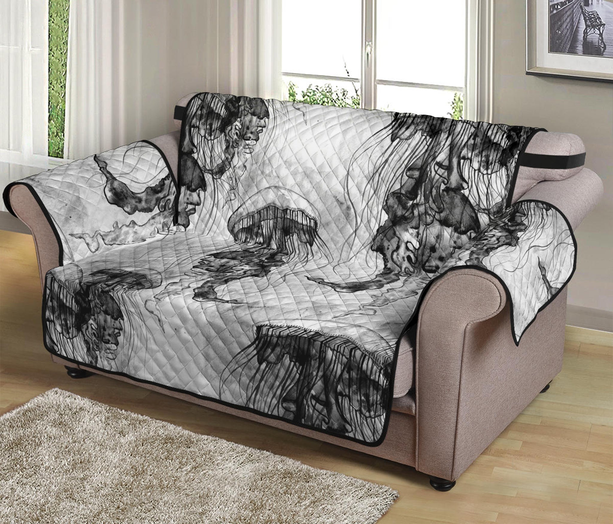 Black And White Jellyfish Pattern Print Loveseat Protector