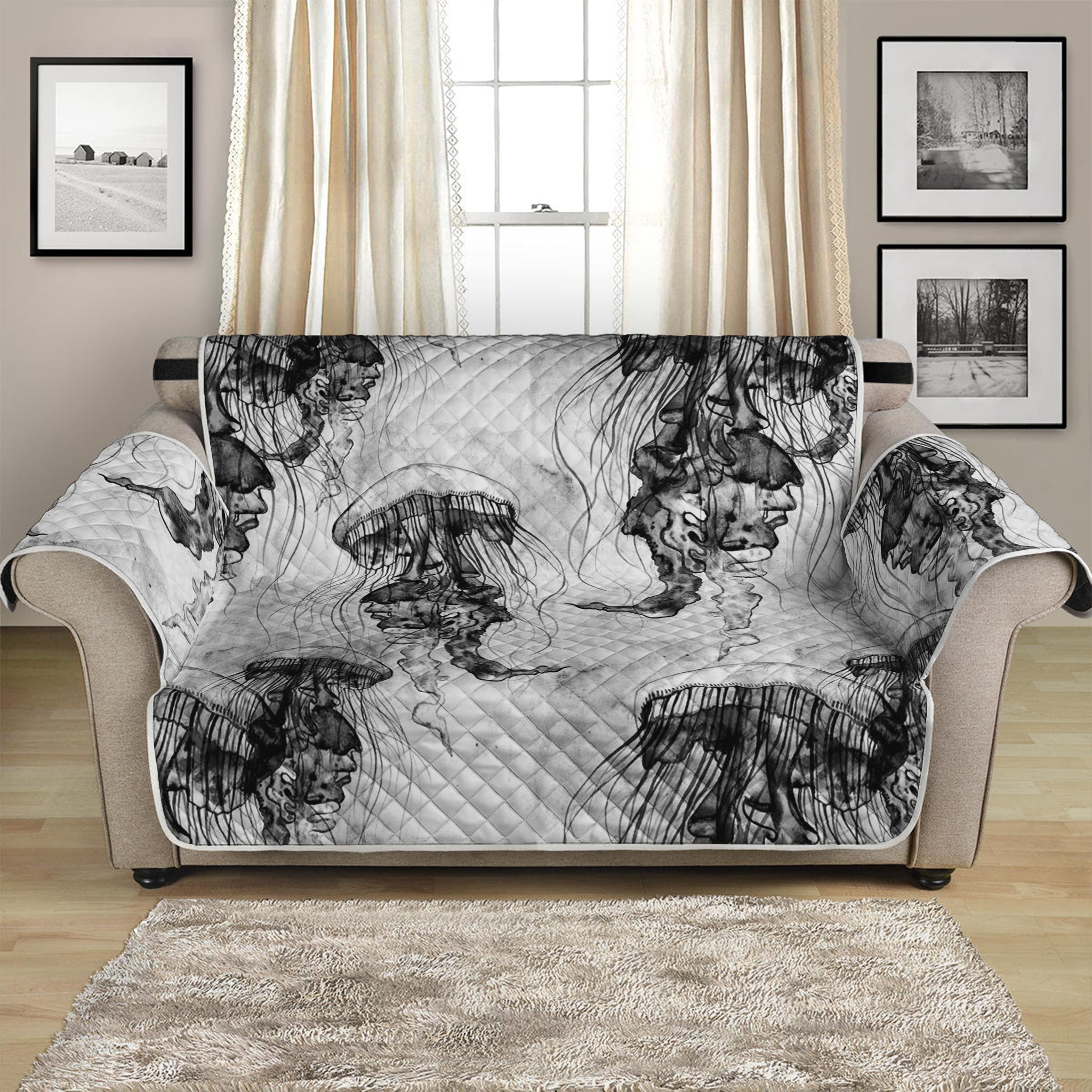 Black And White Jellyfish Pattern Print Loveseat Protector