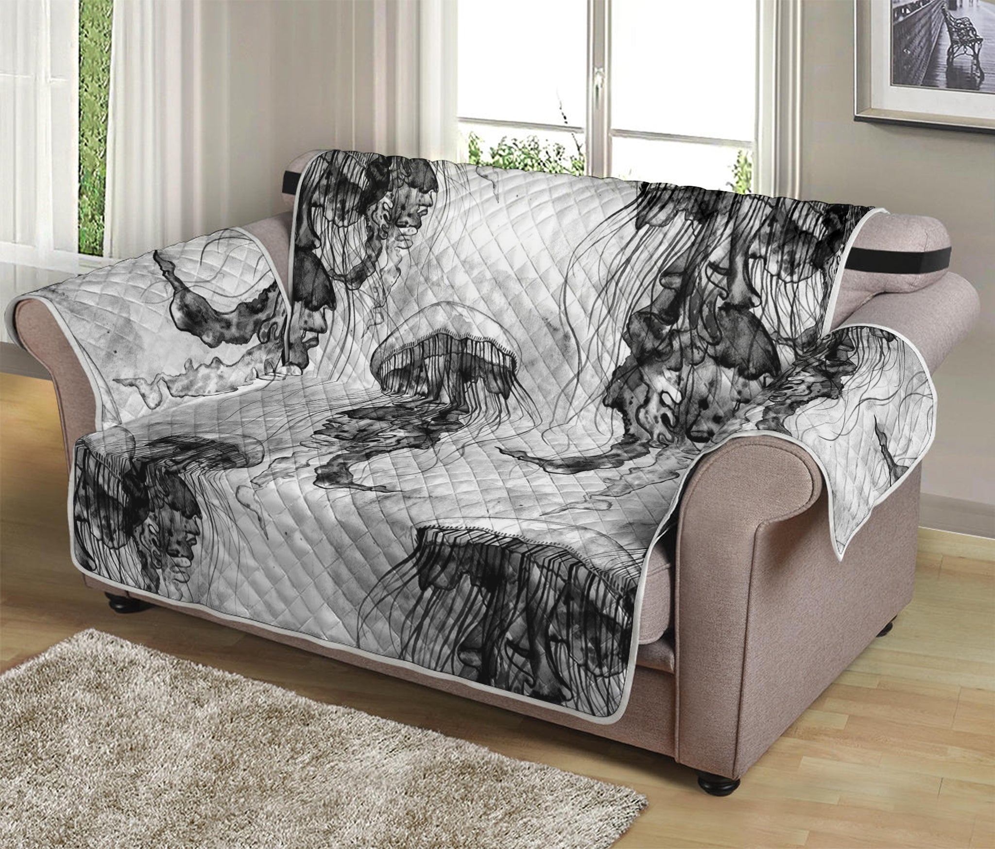 Black And White Jellyfish Pattern Print Loveseat Protector