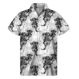 Black And White Jellyfish Pattern Print Men's Short Sleeve Shirt