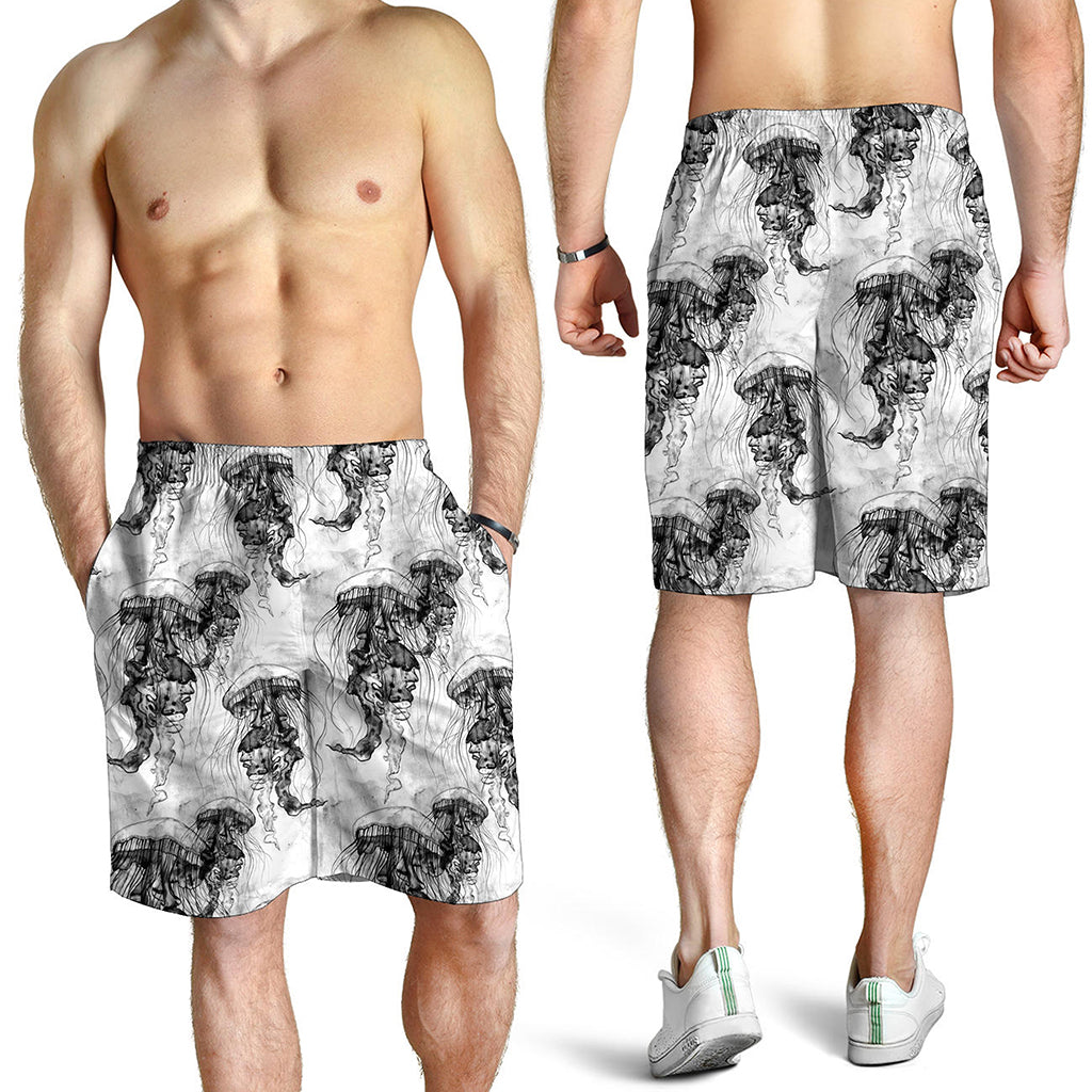 Black And White Jellyfish Pattern Print Men's Shorts