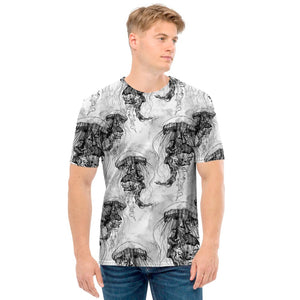 Black And White Jellyfish Pattern Print Men's T-Shirt