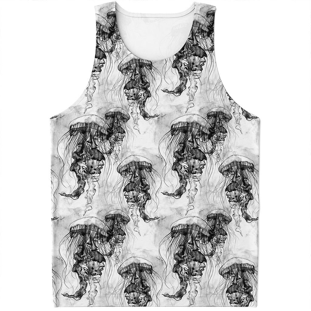 Black And White Jellyfish Pattern Print Men's Tank Top