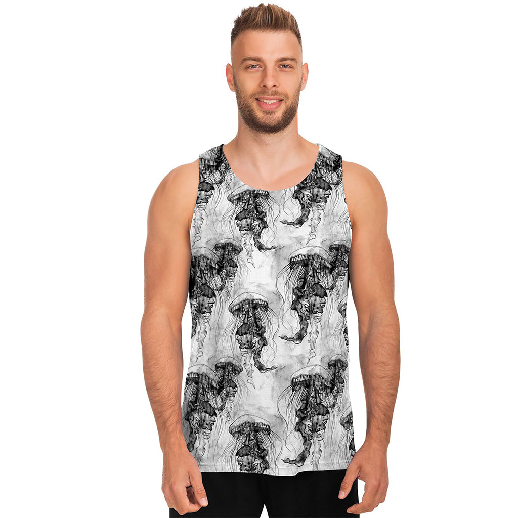 Black And White Jellyfish Pattern Print Men's Tank Top