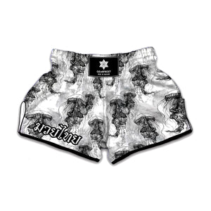 Black And White Jellyfish Pattern Print Muay Thai Boxing Shorts