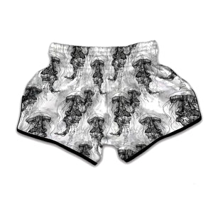 Black And White Jellyfish Pattern Print Muay Thai Boxing Shorts