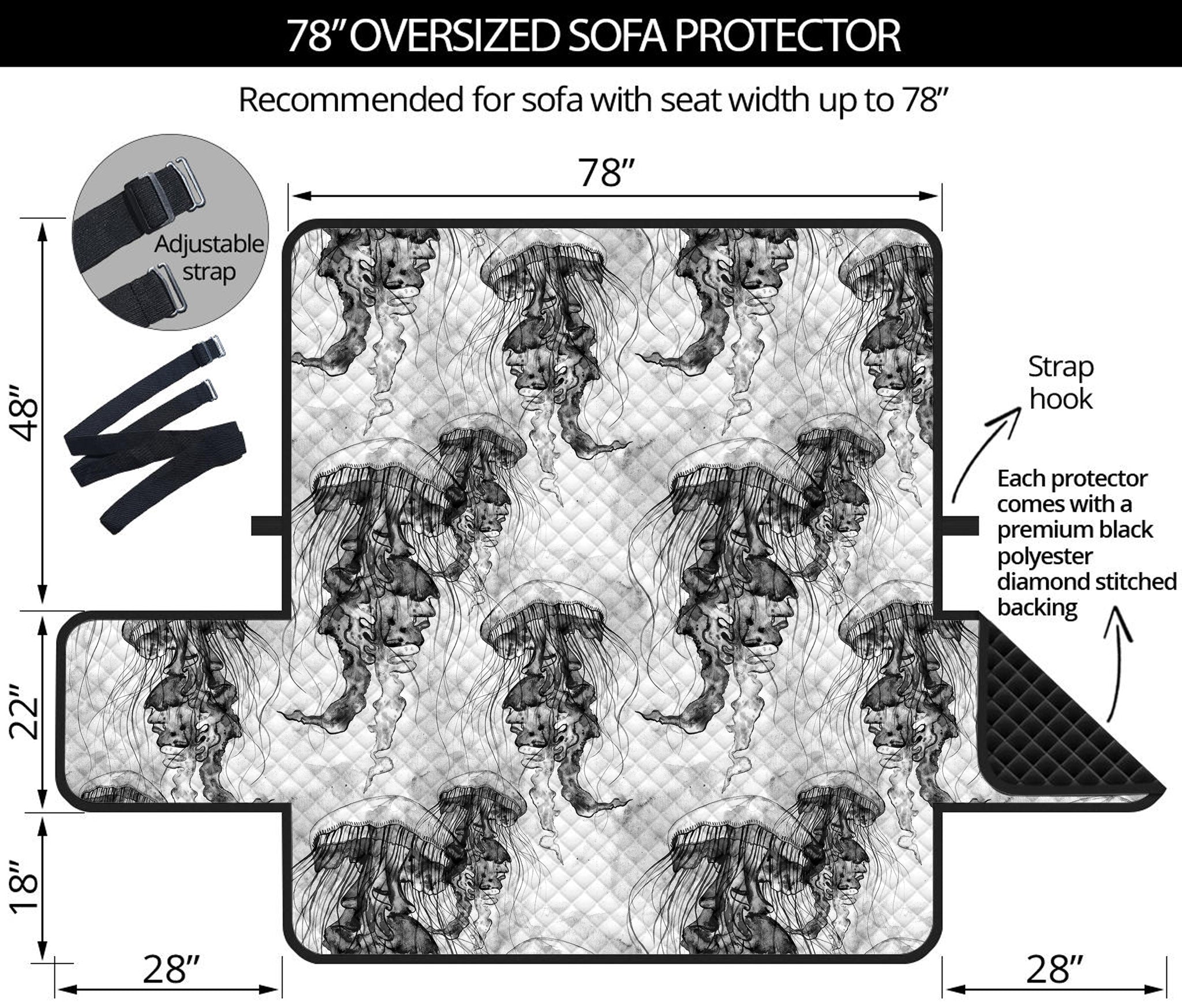 Black And White Jellyfish Pattern Print Oversized Sofa Protector