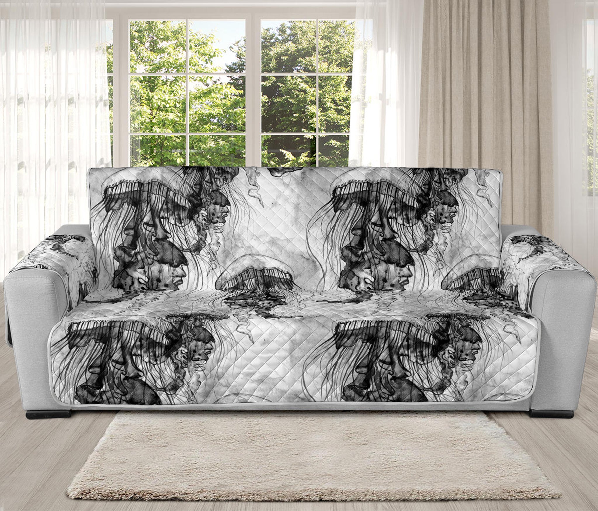 Black And White Jellyfish Pattern Print Oversized Sofa Protector