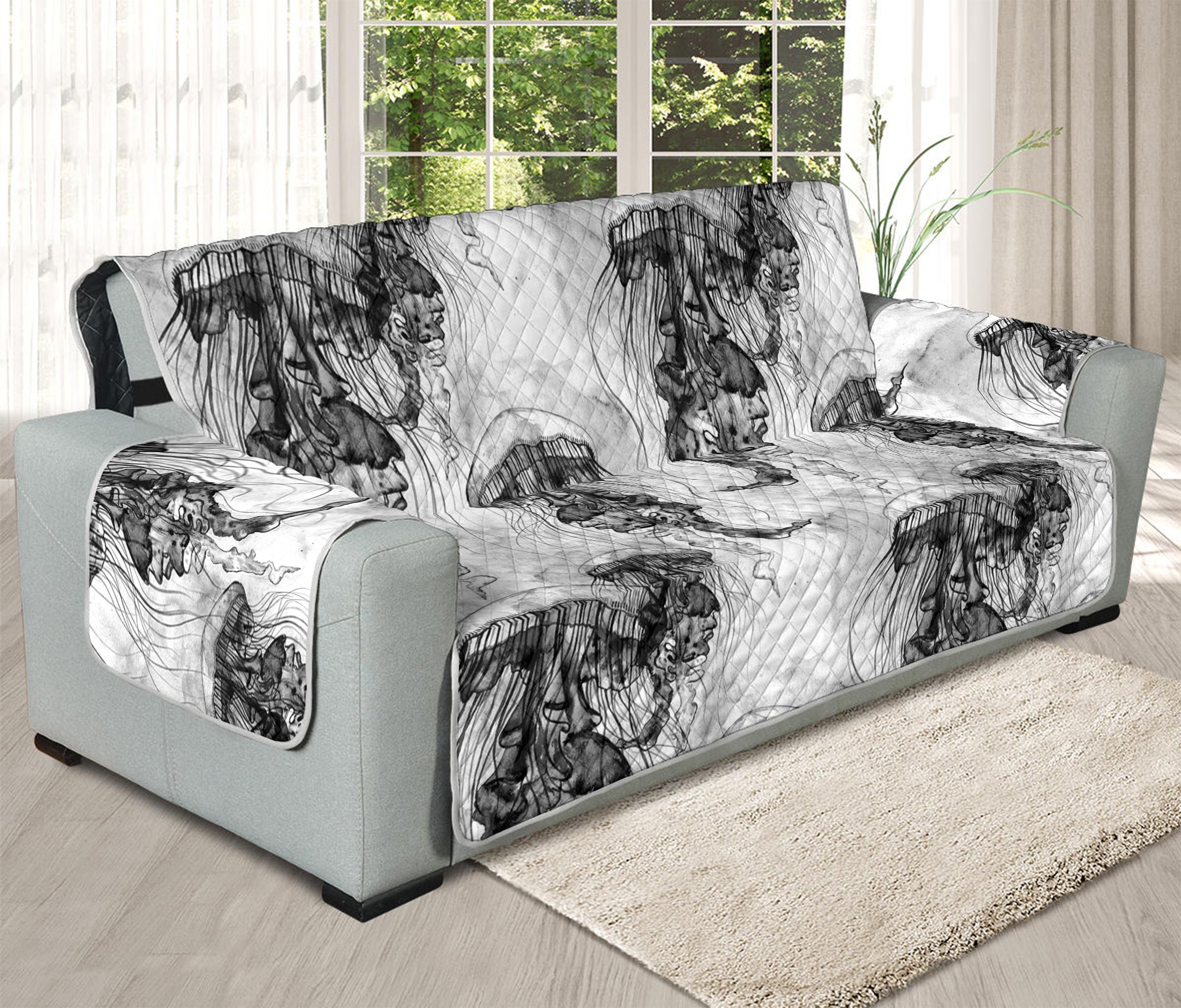 Black And White Jellyfish Pattern Print Oversized Sofa Protector