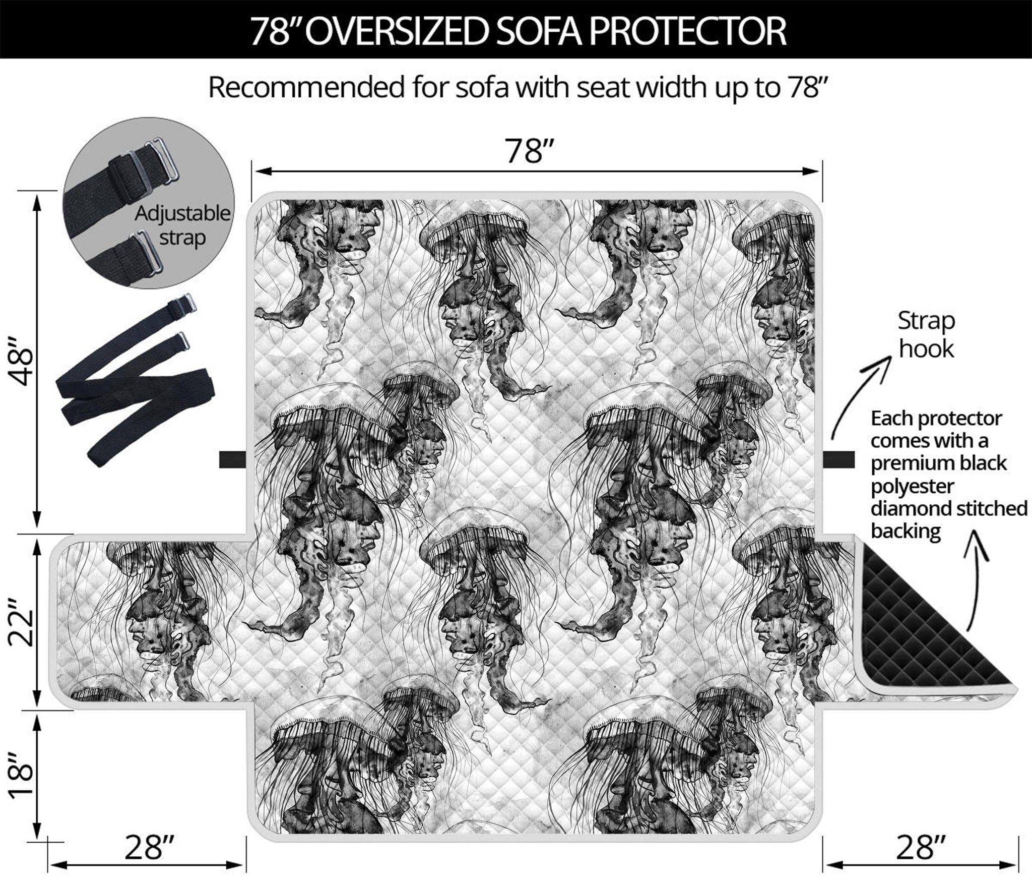 Black And White Jellyfish Pattern Print Oversized Sofa Protector