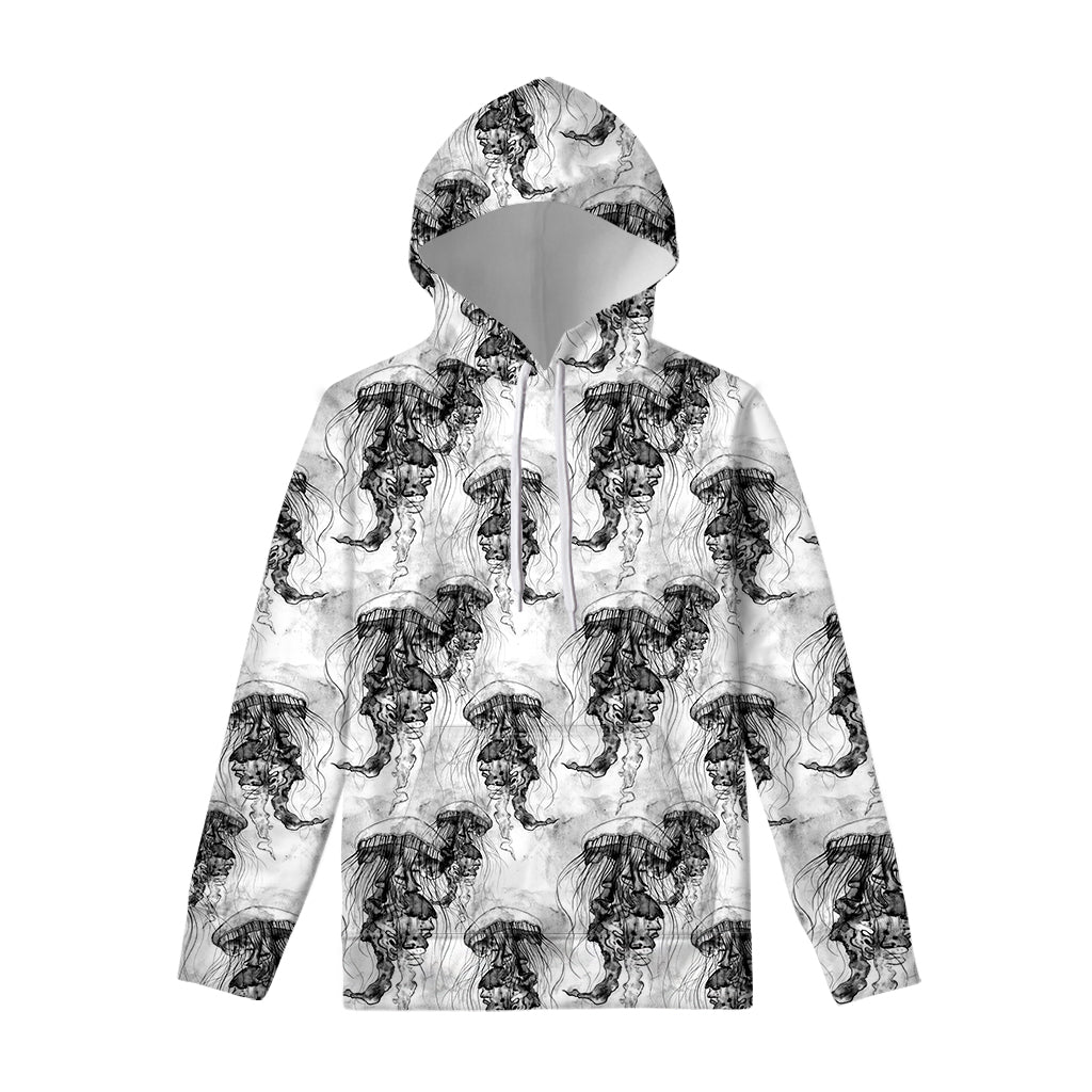 Black And White Jellyfish Pattern Print Pullover Hoodie