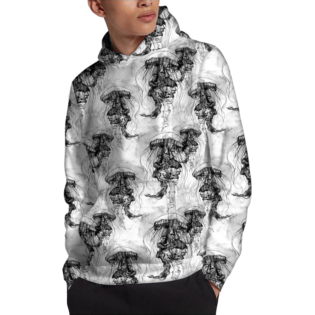 Black And White Jellyfish Pattern Print Pullover Hoodie