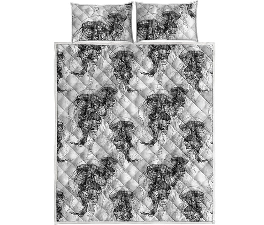 Black And White Jellyfish Pattern Print Quilt Bed Set