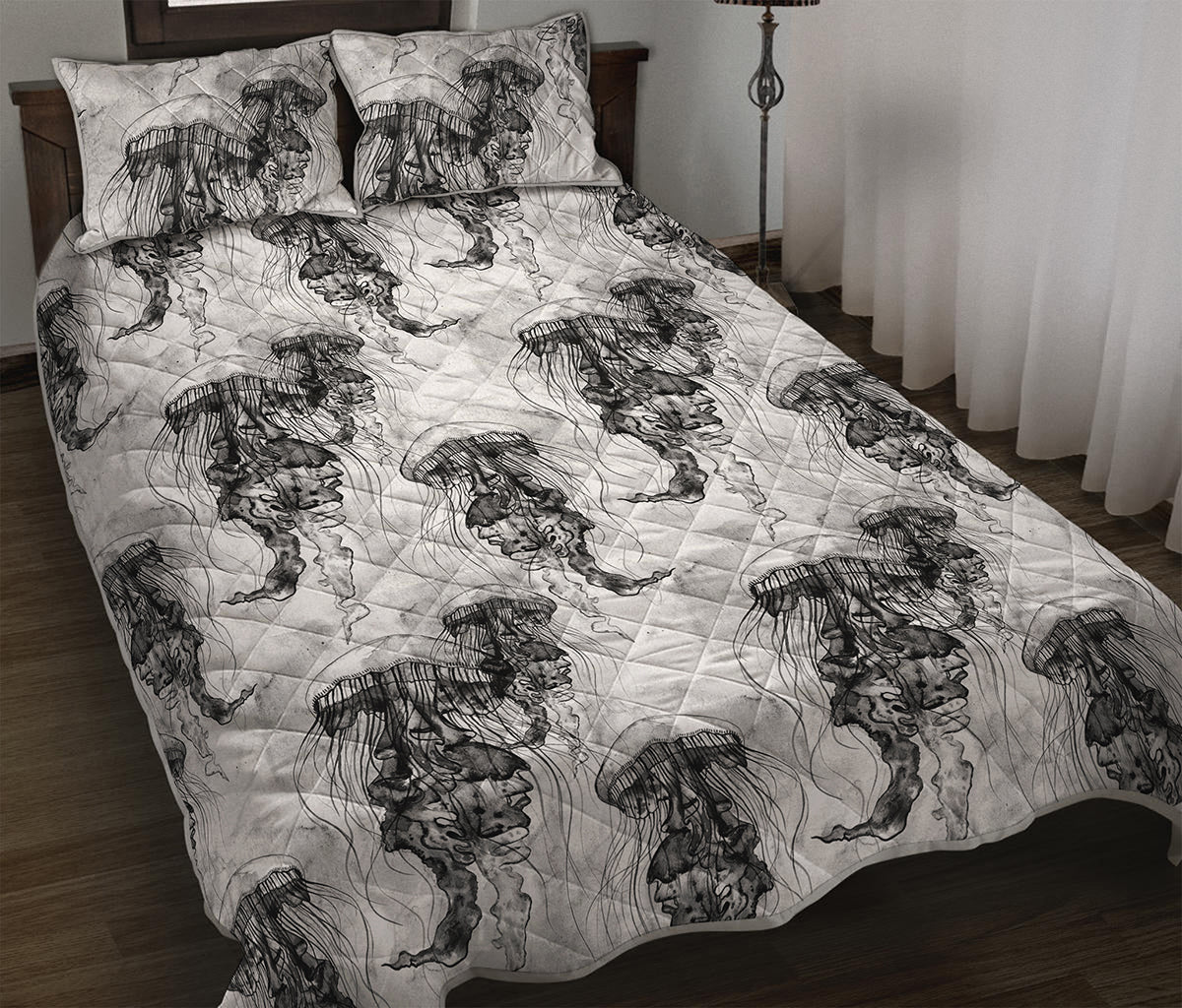 Black And White Jellyfish Pattern Print Quilt Bed Set