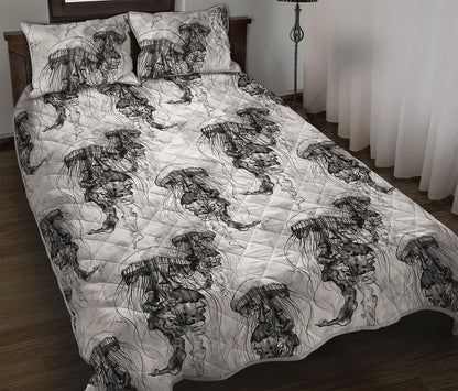 Black And White Jellyfish Pattern Print Quilt Bed Set