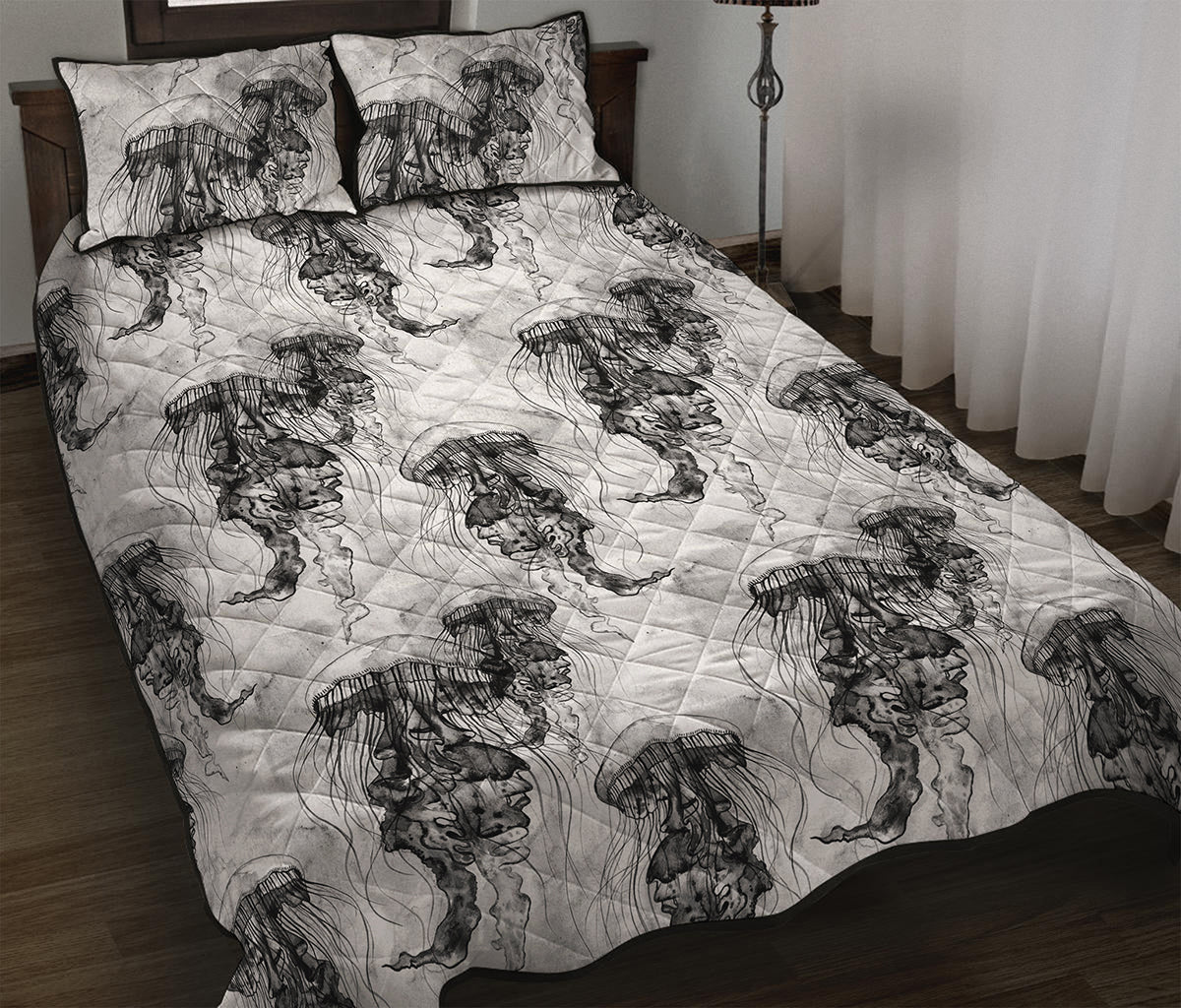 Black And White Jellyfish Pattern Print Quilt Bed Set