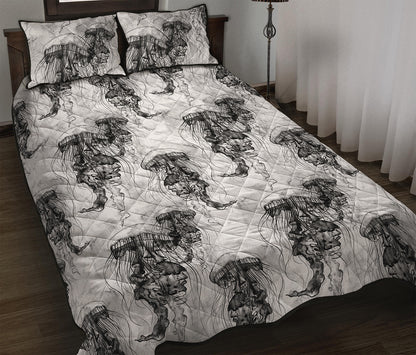 Black And White Jellyfish Pattern Print Quilt Bed Set