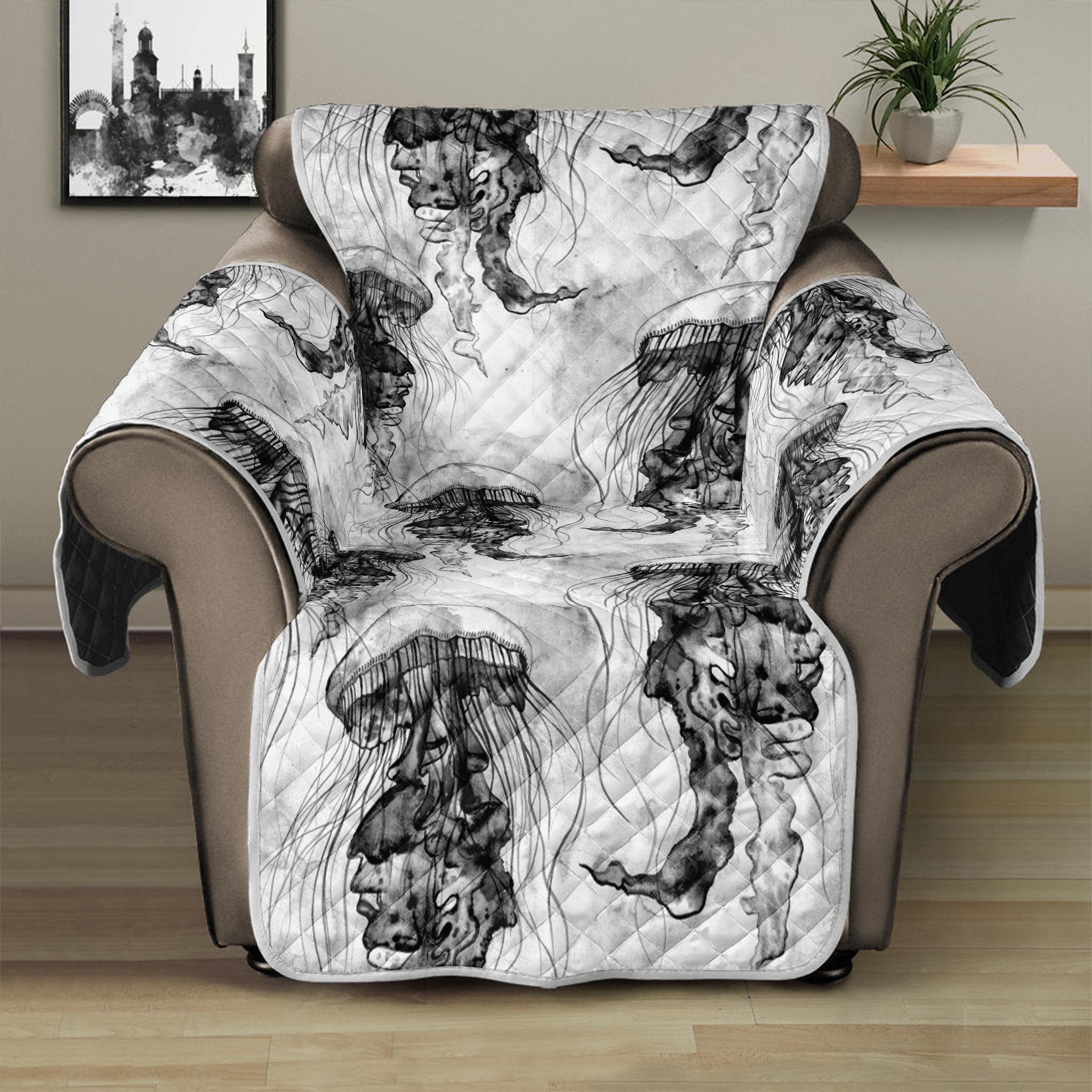 Black And White Jellyfish Pattern Print Recliner Protector