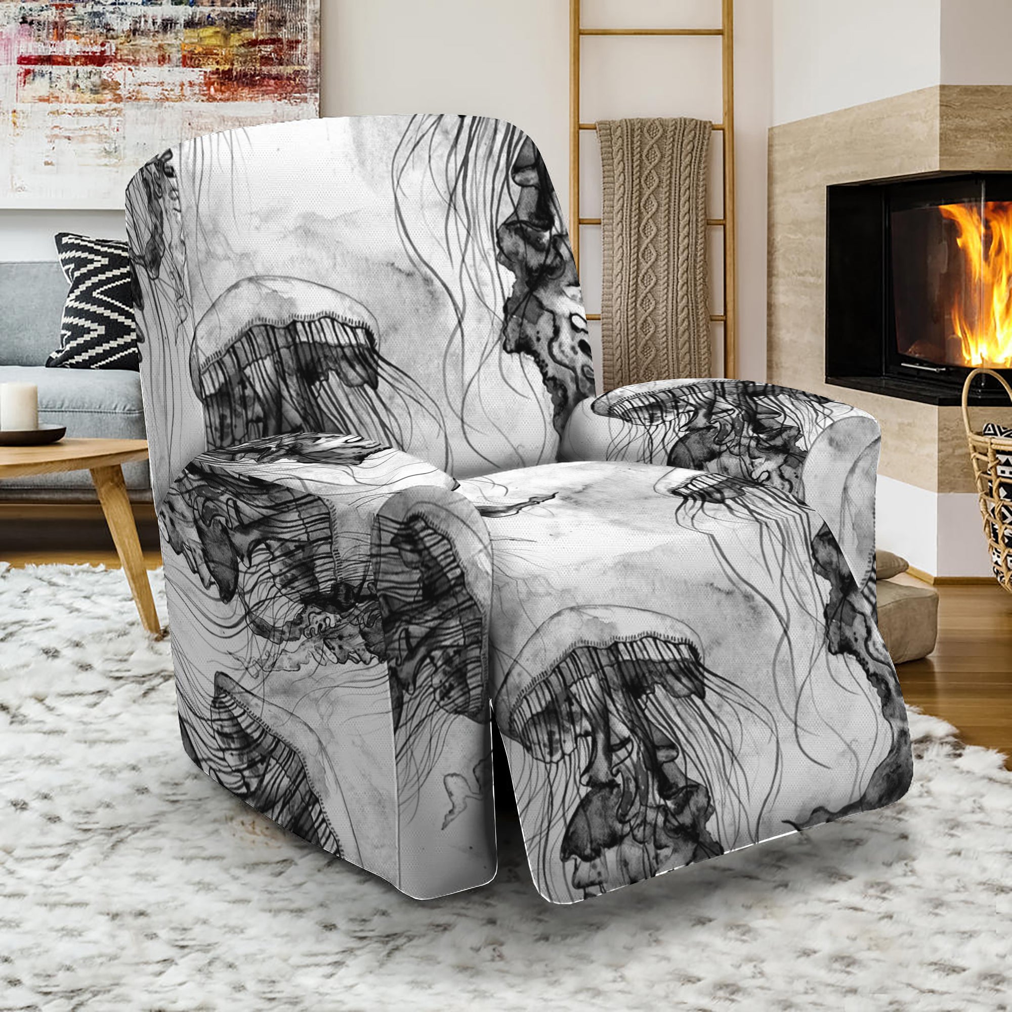 Black And White Jellyfish Pattern Print Recliner Slipcover