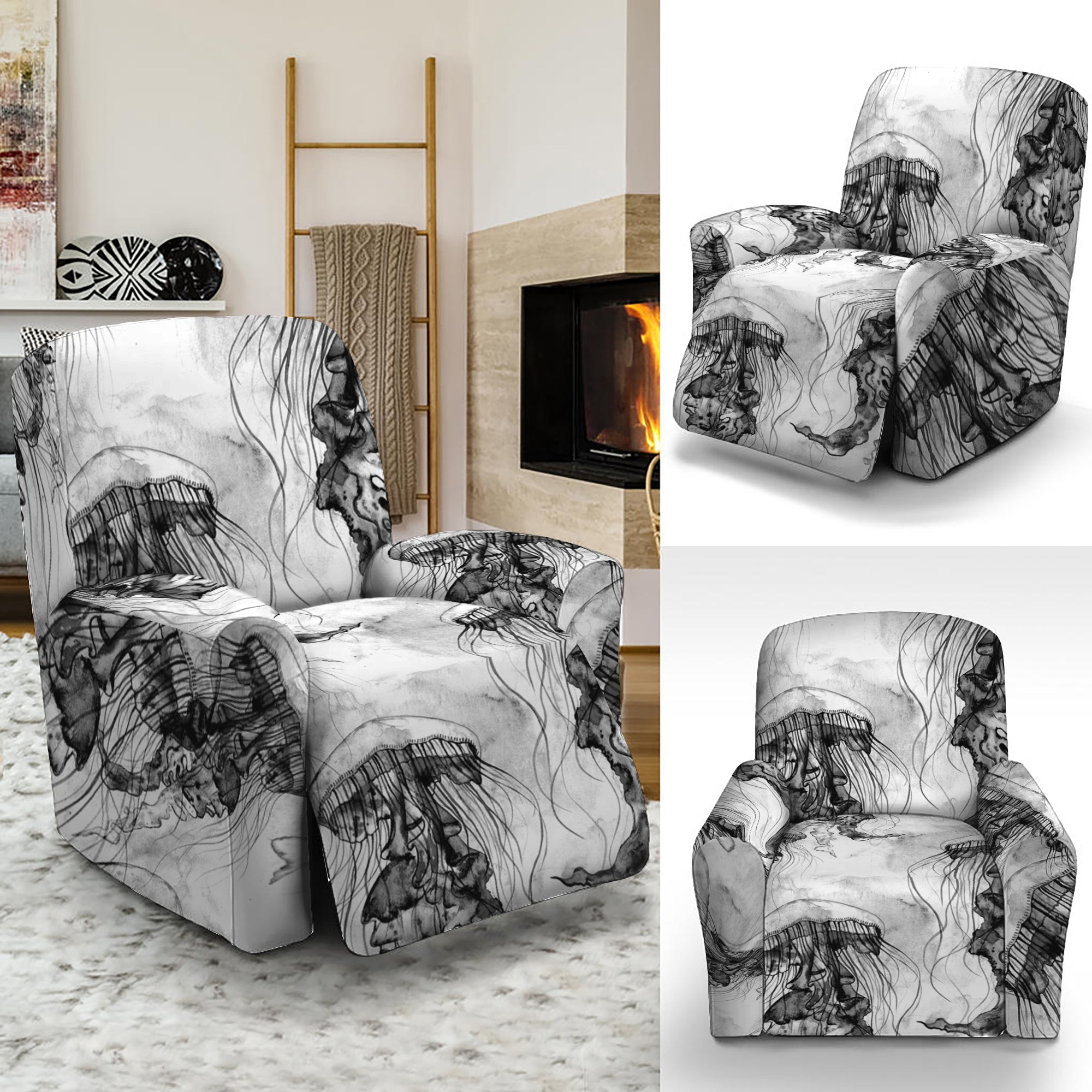 Black And White Jellyfish Pattern Print Recliner Slipcover