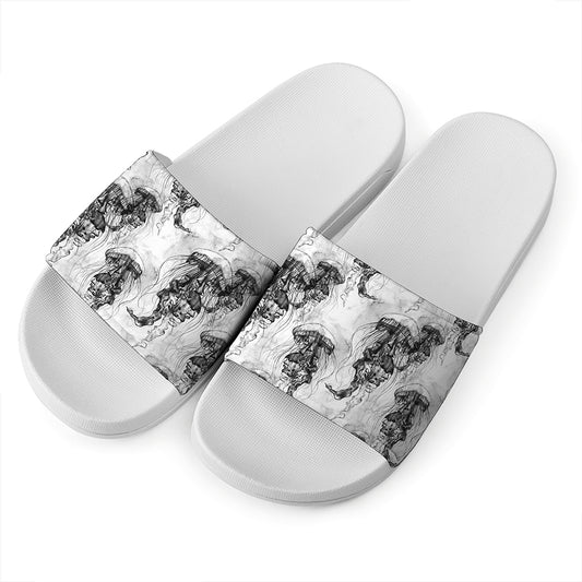 Black And White Jellyfish Pattern Print White Slide Sandals