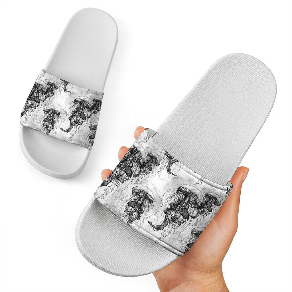 Black And White Jellyfish Pattern Print White Slide Sandals