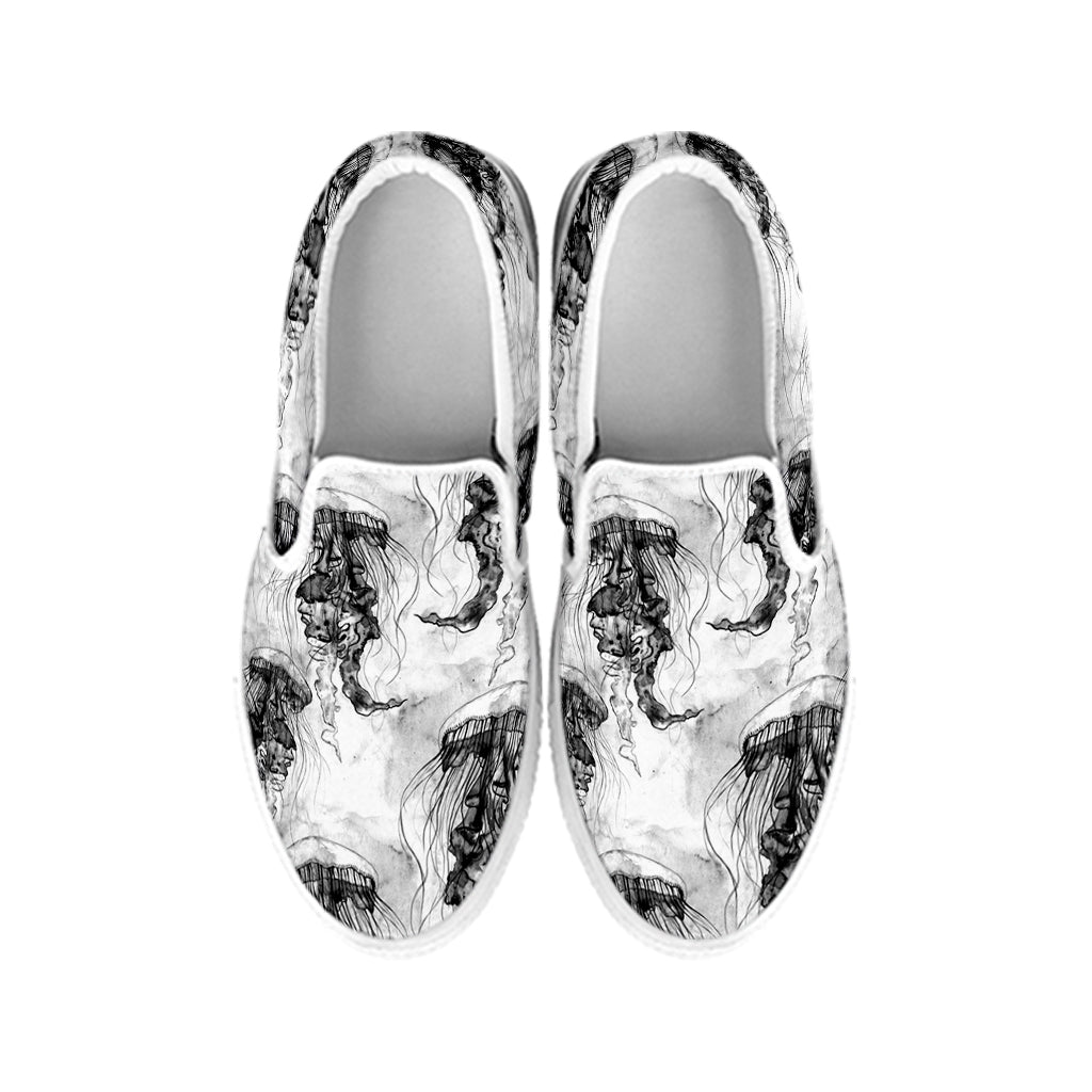 Black And White Jellyfish Pattern Print White Slip On Shoes