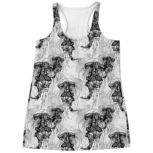 Black And White Jellyfish Pattern Print Women's Racerback Tank Top