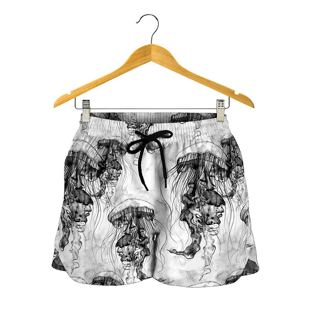 Black And White Jellyfish Pattern Print Women's Shorts