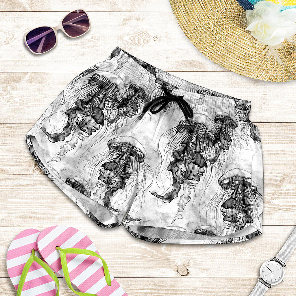 Black And White Jellyfish Pattern Print Women's Shorts