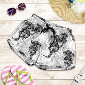 Black And White Jellyfish Pattern Print Women's Shorts