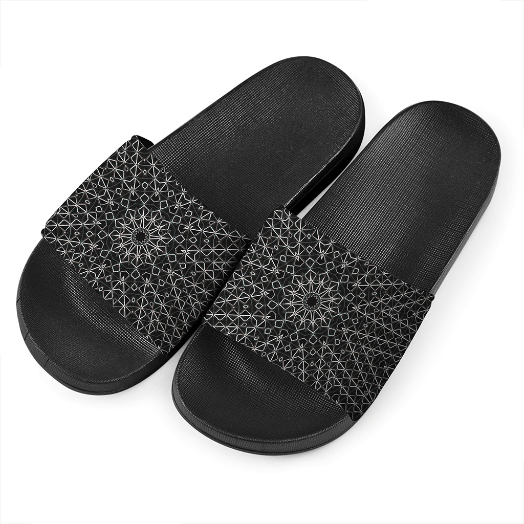 Black And White Kaleidoscope Print Black Slide Sandals