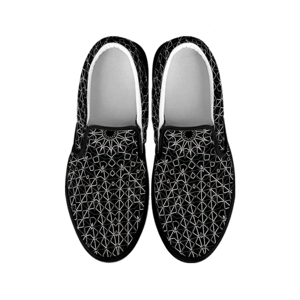 Black And White Kaleidoscope Print Black Slip On Shoes