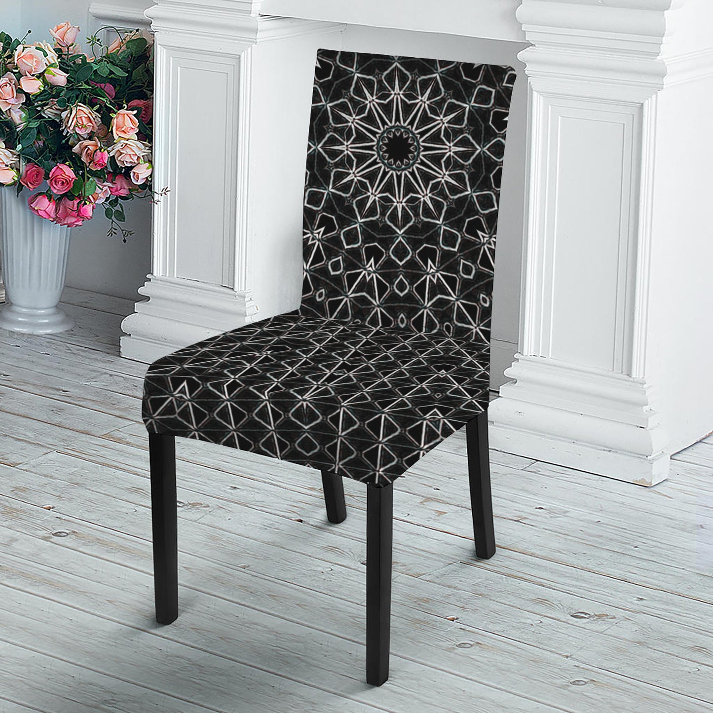 Black And White Kaleidoscope Print Dining Chair Slipcover