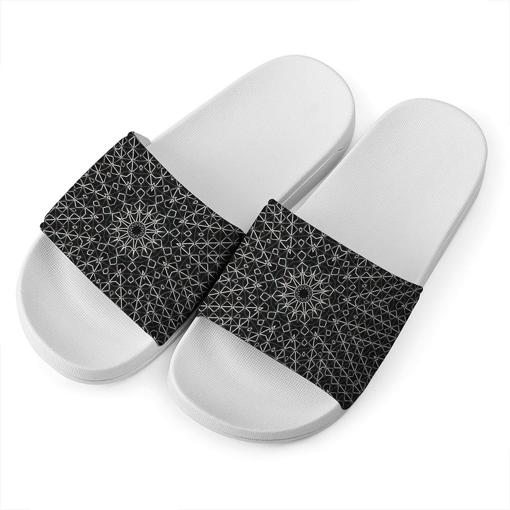 Black And White Kaleidoscope Print White Slide Sandals