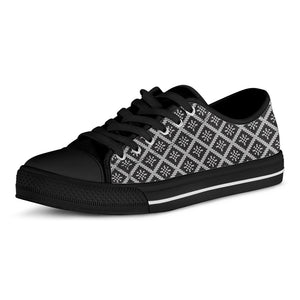 Black And White Knitted Pattern Print Black Low Top Shoes