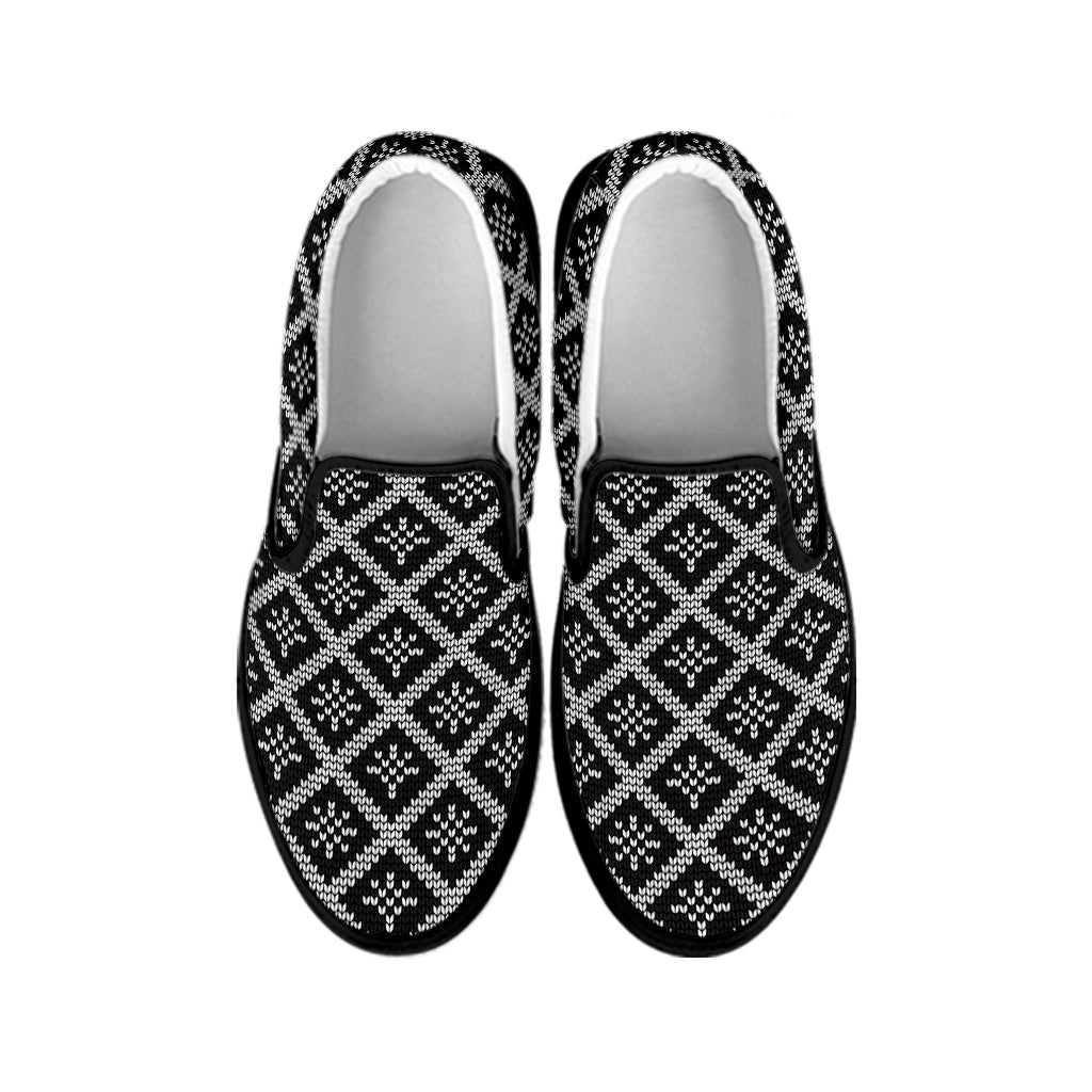 Black And White Knitted Pattern Print Black Slip On Shoes