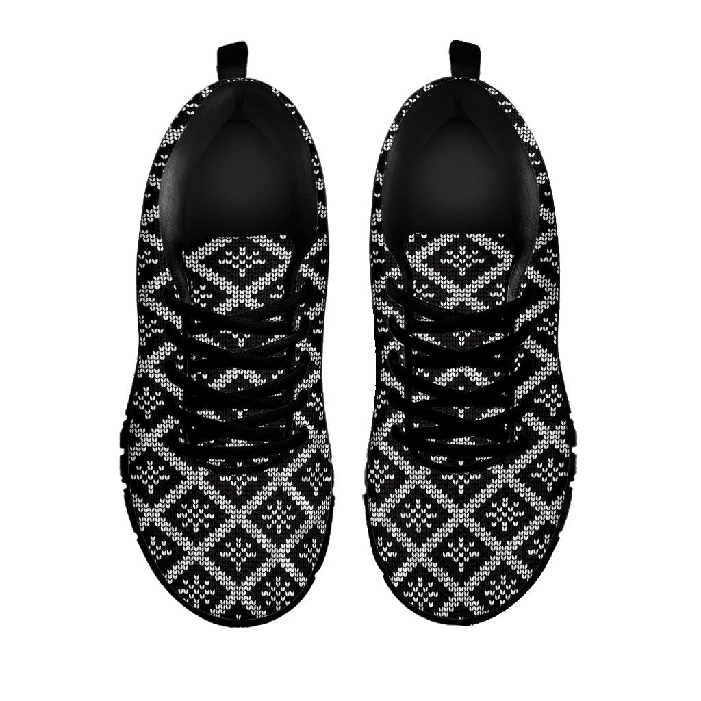 Black And White Knitted Pattern Print Black Sneakers