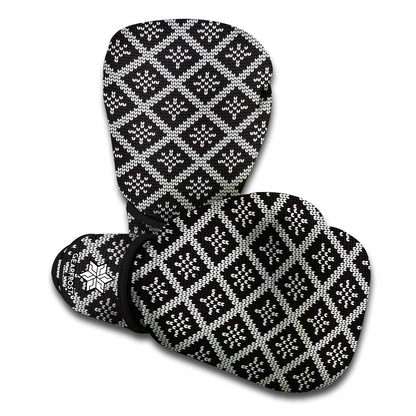 Black And White Knitted Pattern Print Boxing Gloves