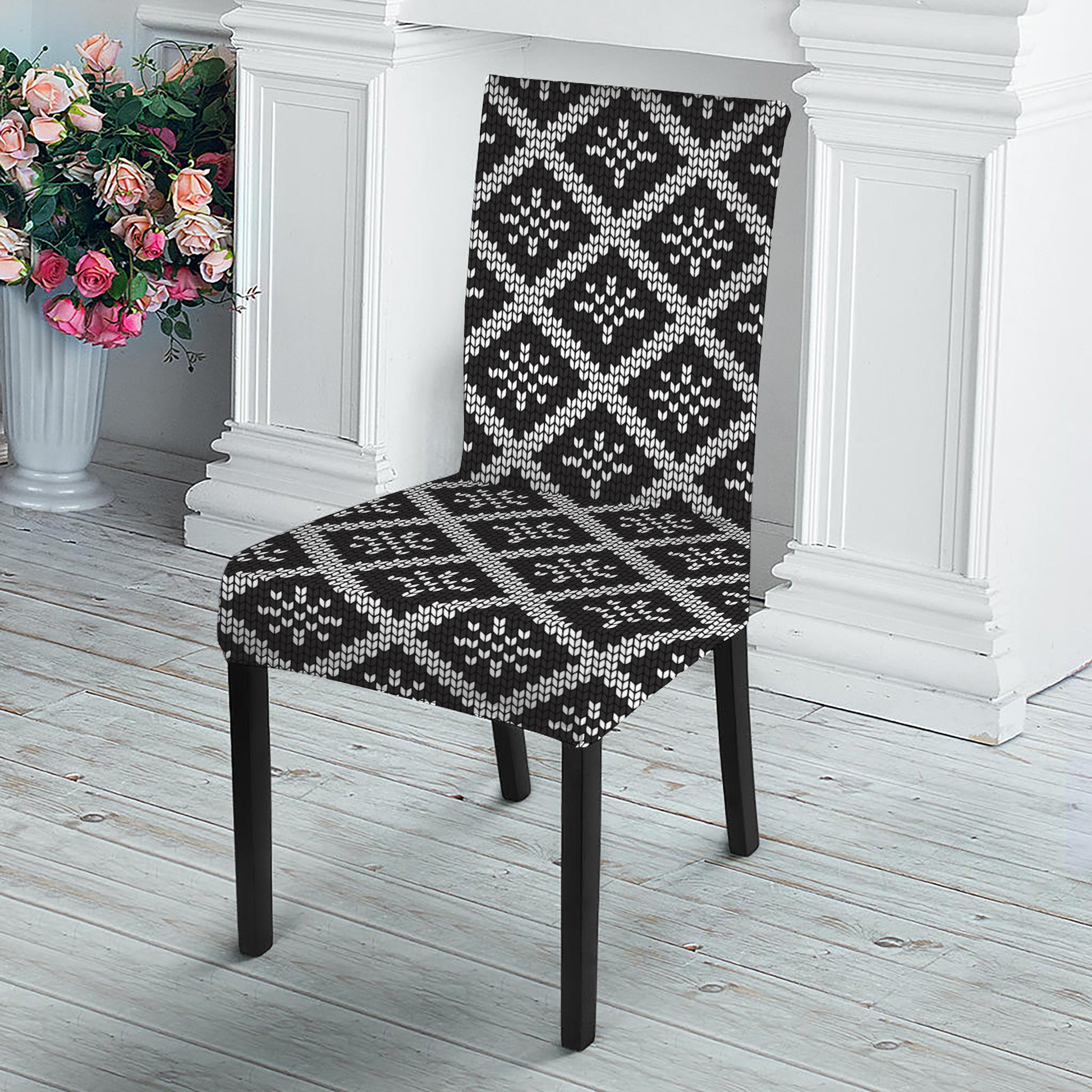 Black And White Knitted Pattern Print Dining Chair Slipcover