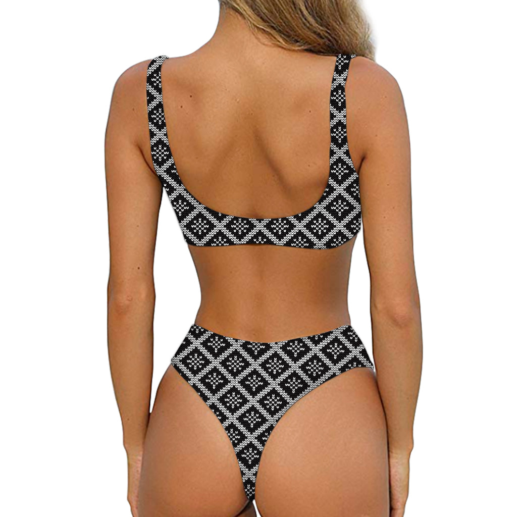 Black And White Knitted Pattern Print Front Bow Tie Bikini
