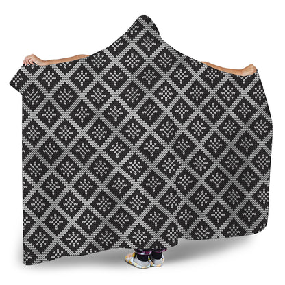 Black And White Knitted Pattern Print Hooded Blanket