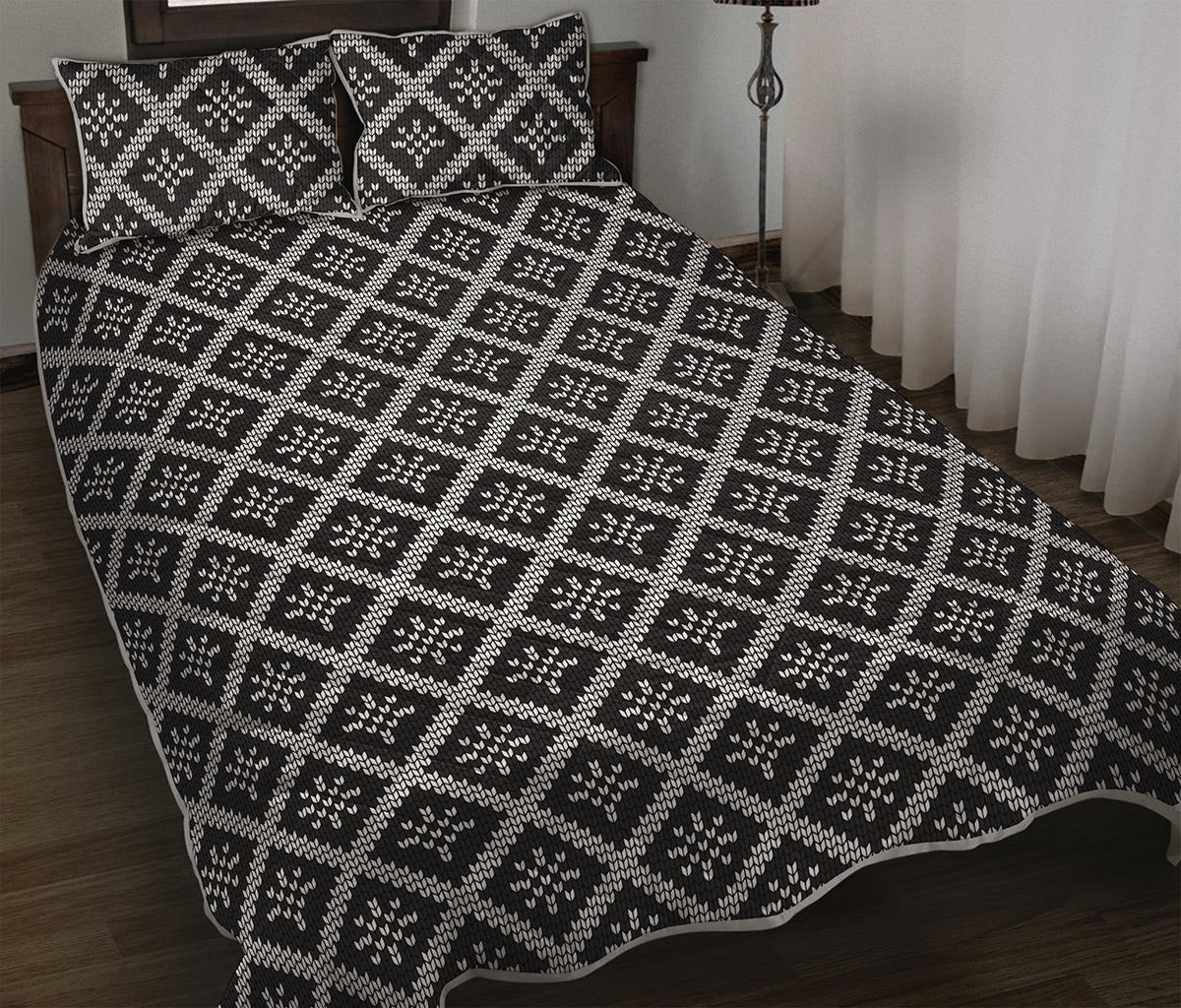 Black And White Knitted Pattern Print Quilt Bed Set