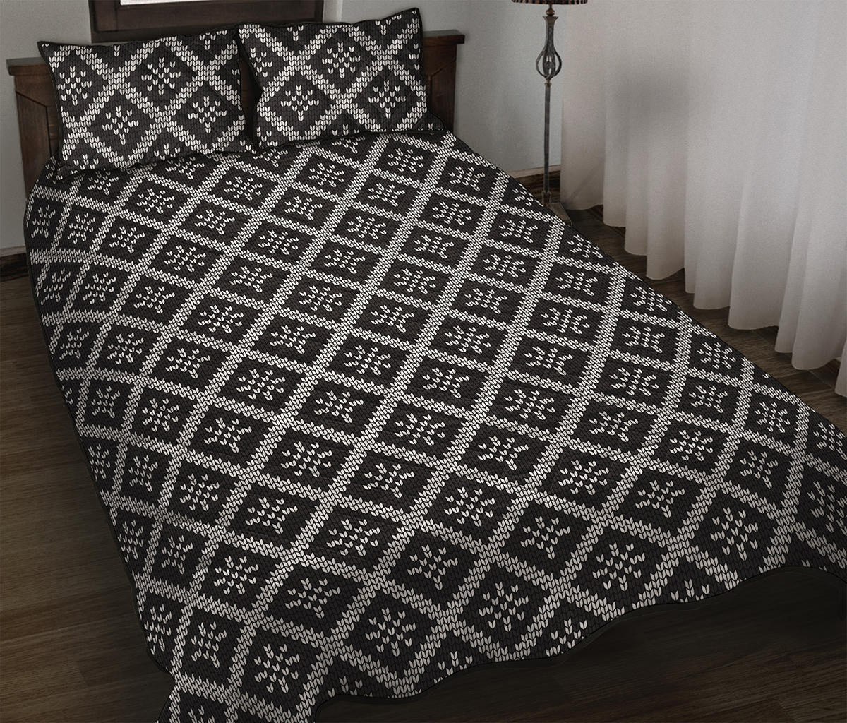 Black And White Knitted Pattern Print Quilt Bed Set