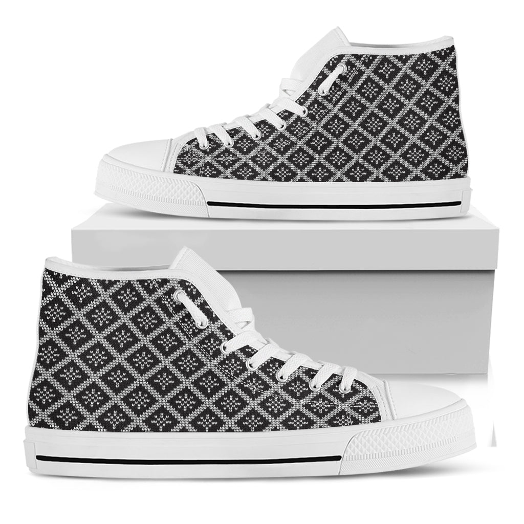 Black And White Knitted Pattern Print White High Top Shoes