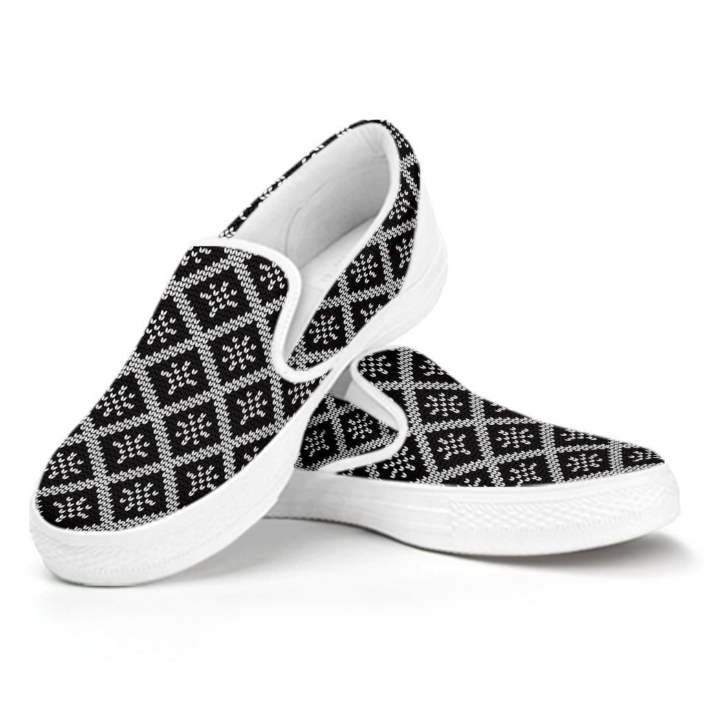 Black And White Knitted Pattern Print White Slip On Shoes
