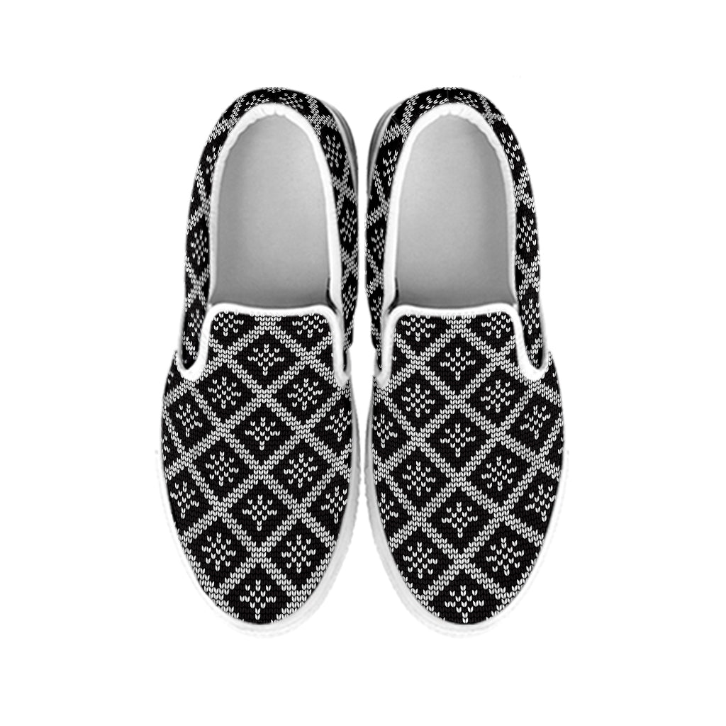 Black And White Knitted Pattern Print White Slip On Shoes
