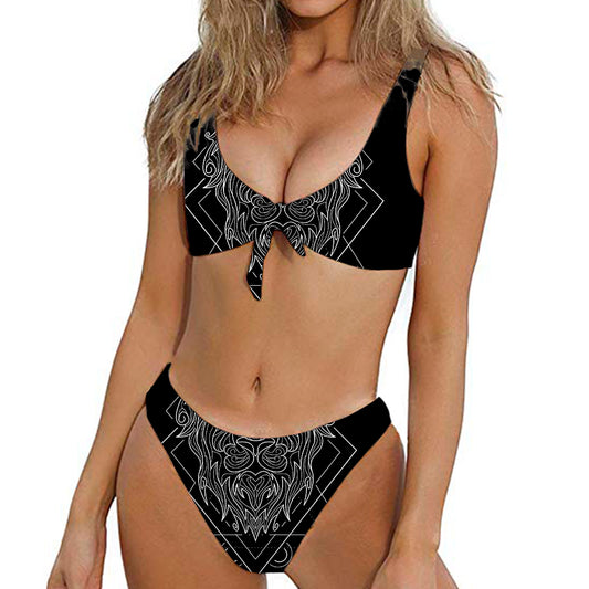 Black And White Leo Sign Print Front Bow Tie Bikini