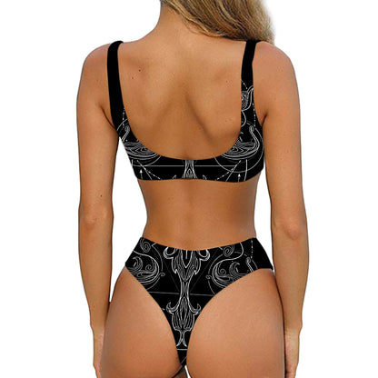 Black And White Libra Sign Print Front Bow Tie Bikini